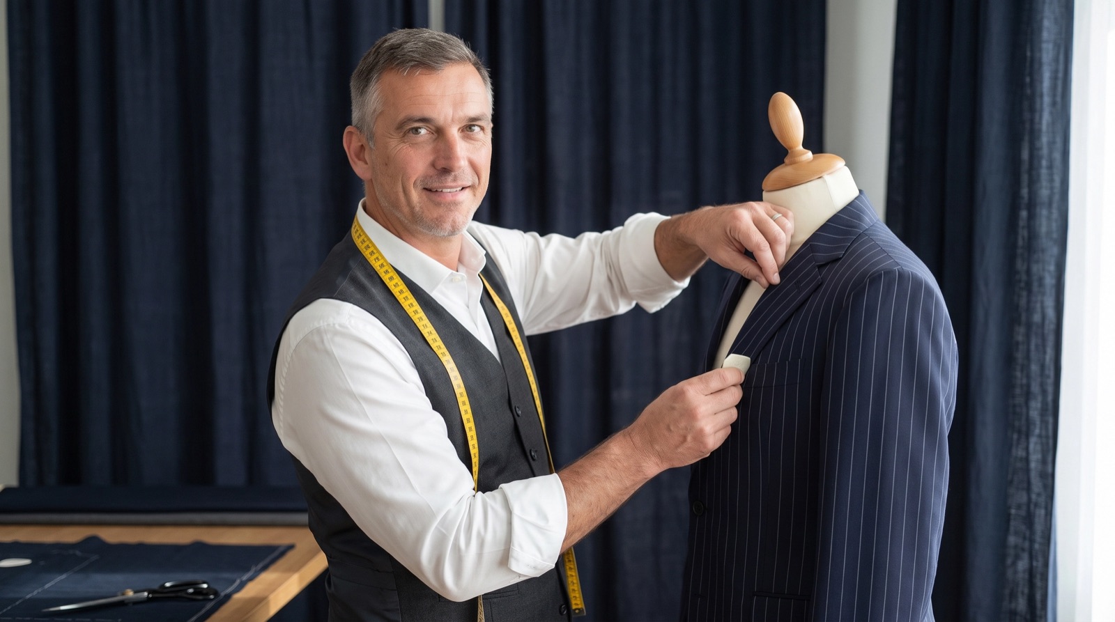 El Sastre de Odoo ajusta con tiza la solapa de una chaqueta azul marino en su taller, con la cinta métrica al cuello